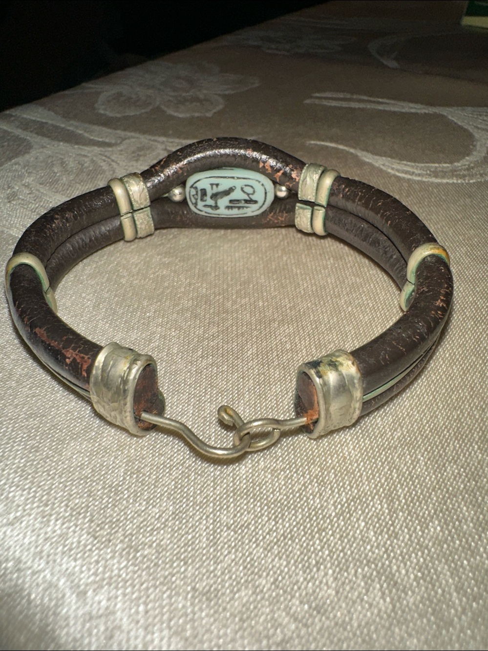 1970s Egyptian Leather Brass Scarab Turquoise Clay Vintage Bracelet - Picture 3 of 3